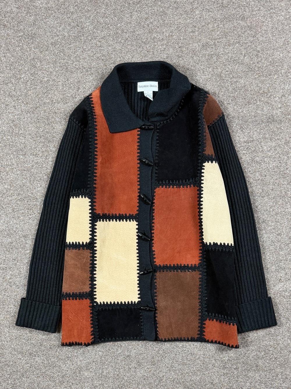 Vintage Suede Leather Patchwork Colorblock Cardigan Sweater Jacket Women’s Large